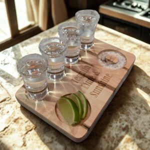 Wood tequila tasting tray with four shot glasses, lime slices, and salt