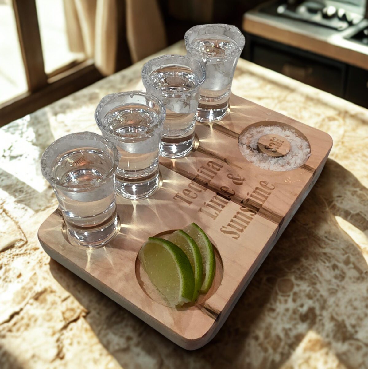 Wood tequila tasting tray with four shot glasses, lime slices, and salt