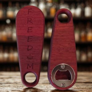 Front and back view of bar accessories on the bar with bottles in the background