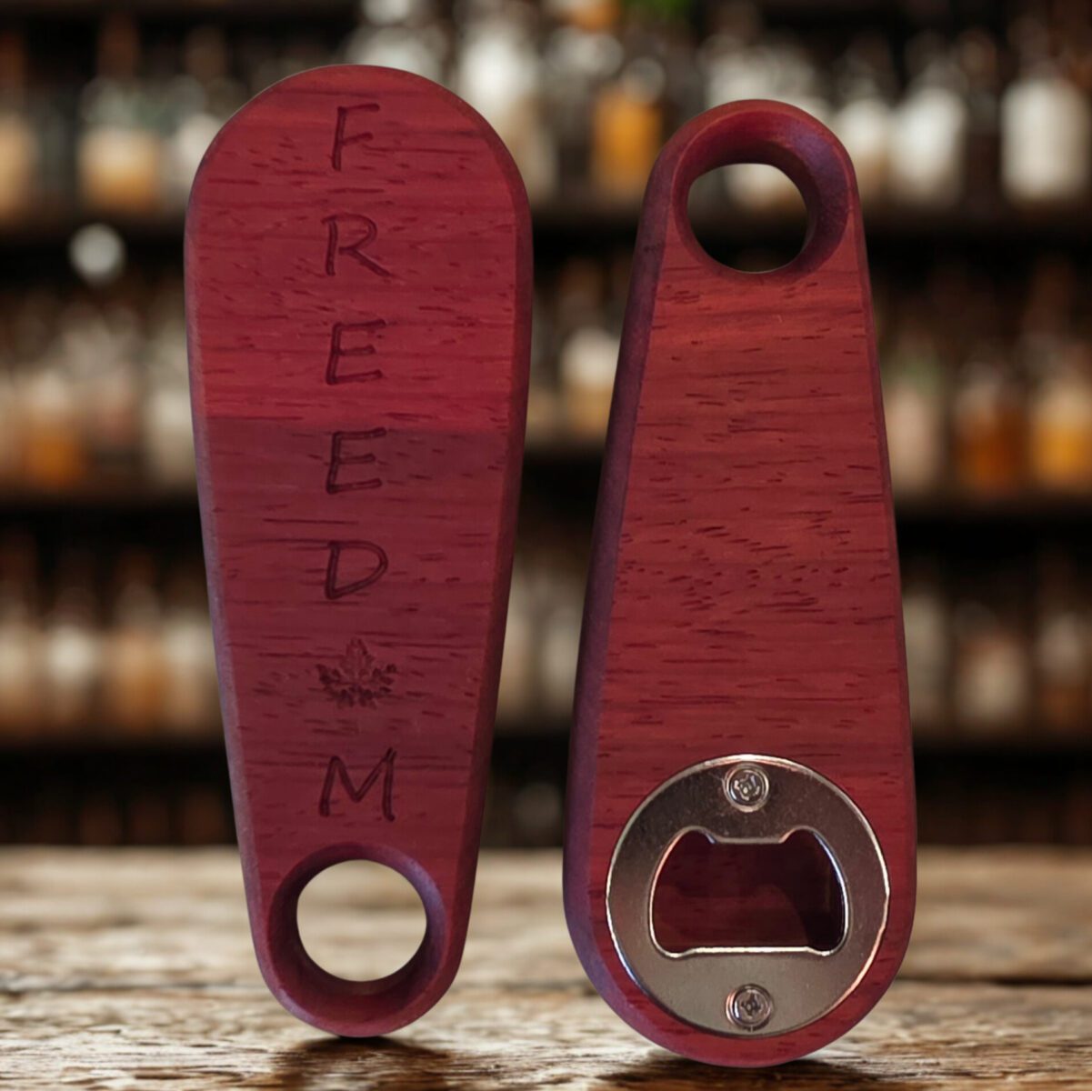 Front and back view of bar accessories on the bar with bottles in the background