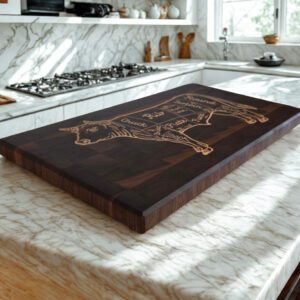 End grain cutting board with maple butcher-cut inlay showing thickness and grain detail