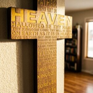 Lords prayer cross on a wall in the morning light