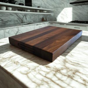 Walnut cutting board with edge grain construction in modern kitchen setting