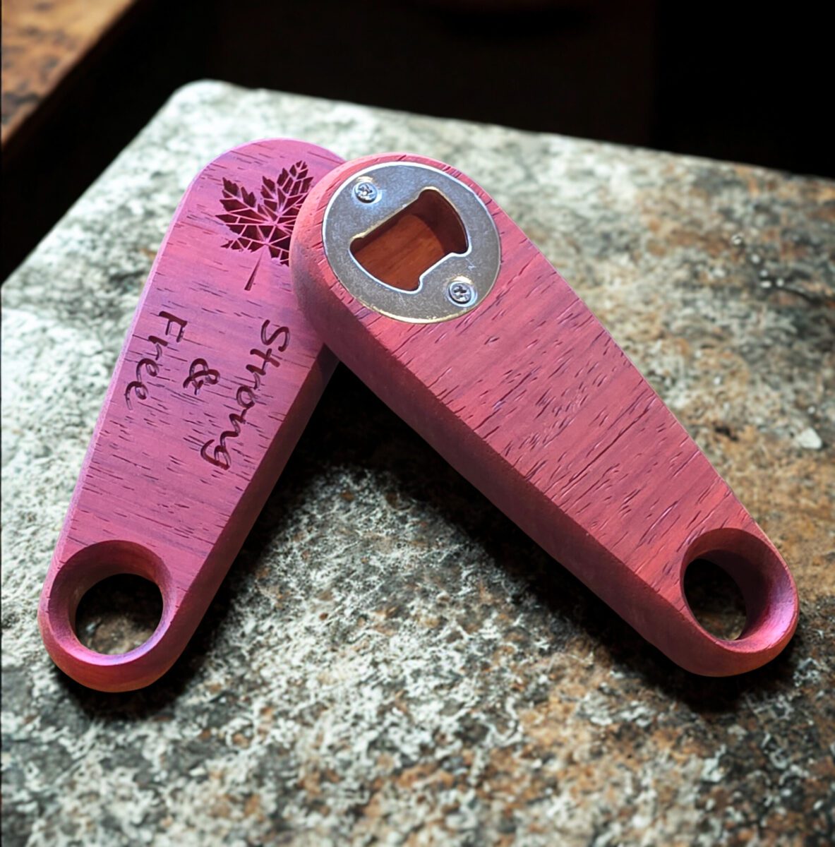 Custom bar accessories hardwood bottle opener with metal insert, Canadian-made