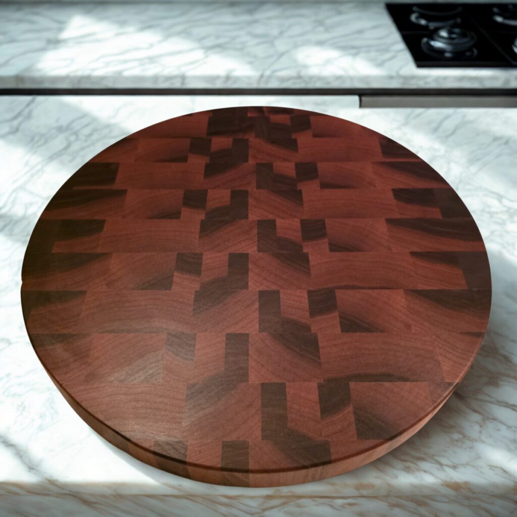 ALT: End grain walnut cutting board, 16.5 inch round Compass Series design