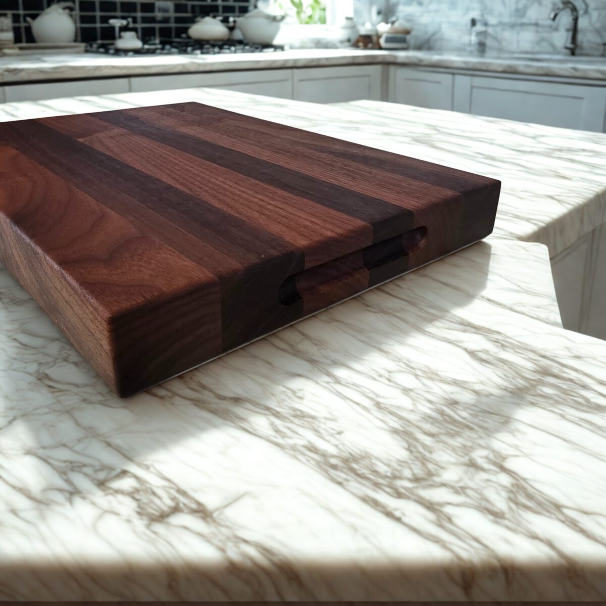 edge grain cutting board with square profile on kitchen counter