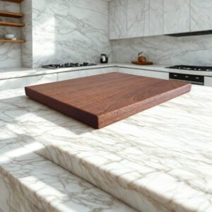 Edge grain cherry cabin cutting board showing thickness and beveled edge