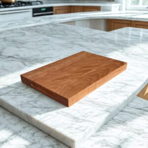 Large cherry homestead cutting board on marble kitchen countertop