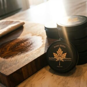 Board Butter cutting board conditioner beside a walnut butcher block on a kitchen counter