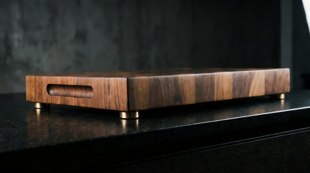 Rich walnut cutting board featuring brass feet on a dark counter.